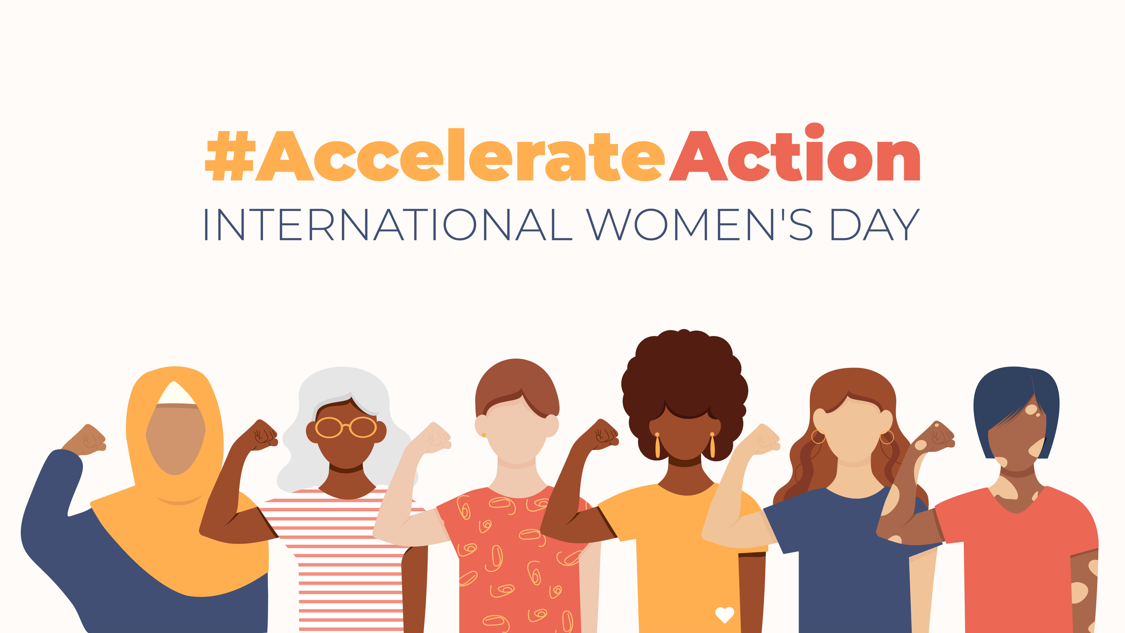 #AccelerateAction - graphic for International Women's Day featuring six women with their fist raised