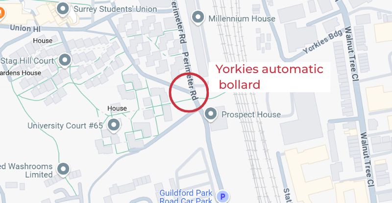 Map showing location of Yorkies automatic bollard on Stag Hill campus