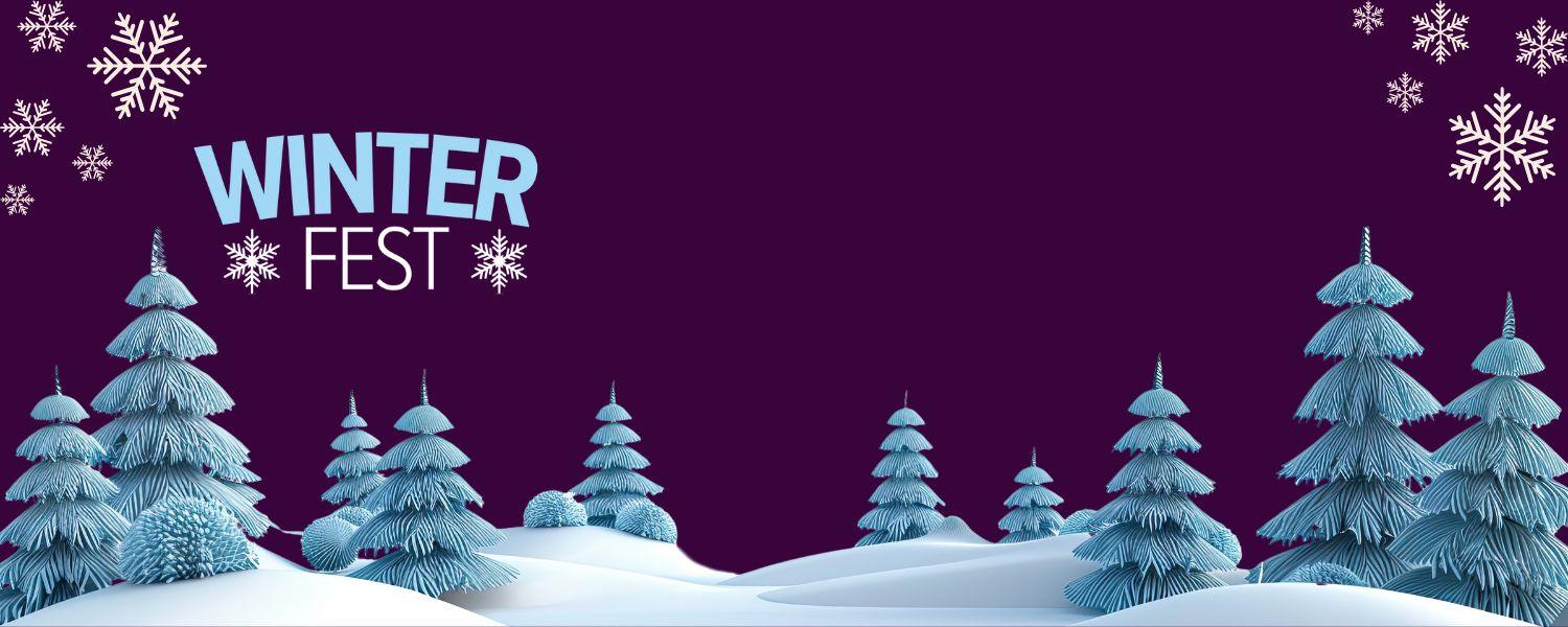 WinterFest branded graphic featuring snowy treeline on a purple background