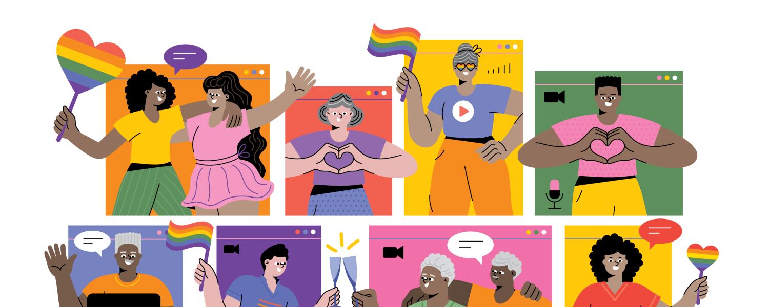 Illustration of people celebrating pride by waving rainbow flags, smiling and raising glasses