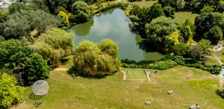 Aerial view of campus by the lake 