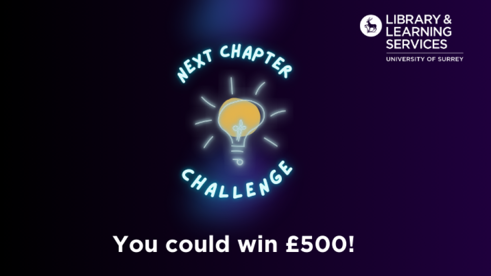 Text: Next Chapter Challenge: You could win £500, with lightbulb logo