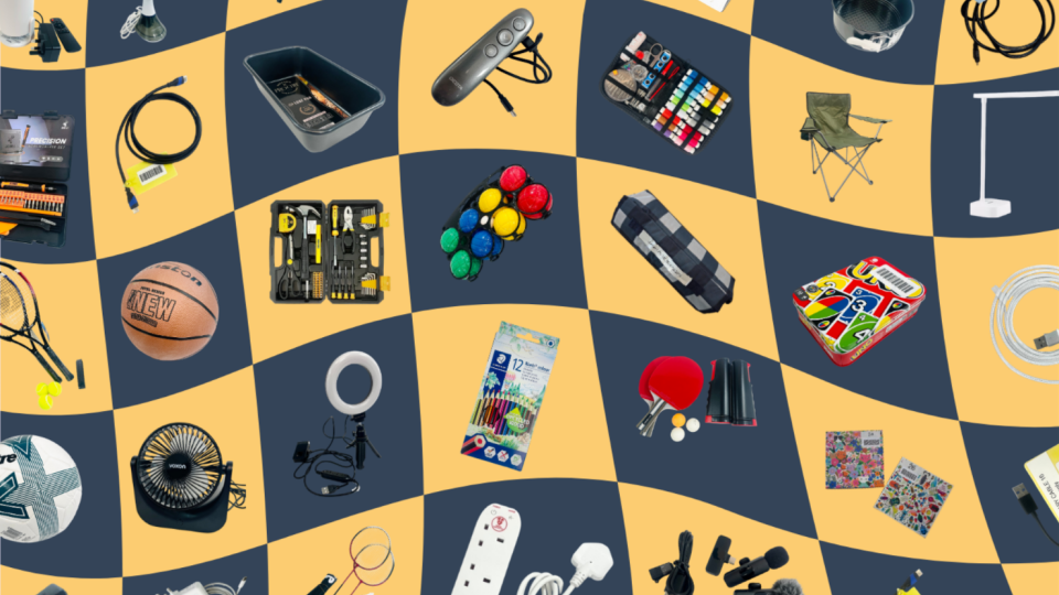 A selection of items from the Library of Things, on a yellow and blue chequered background. Items include colouring pencils, sports equipment, cables, and more