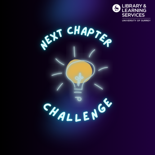 lightbulb surrounded by neon text Next Chapter Challenge